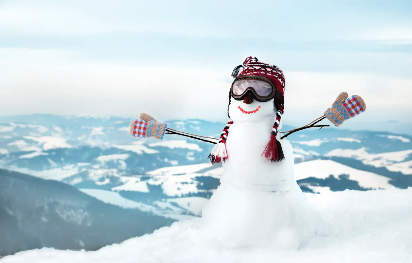 Photo wallpaper winter, snow, smile, hills, hat, glasses, snowman, mittens
