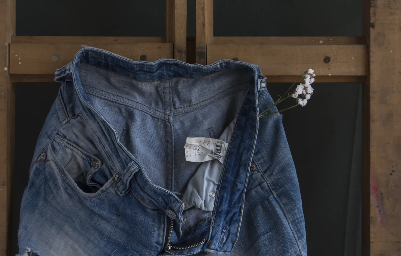 Photo wallpaper girl, red, model, panties, jeans, workshop, lunch, break