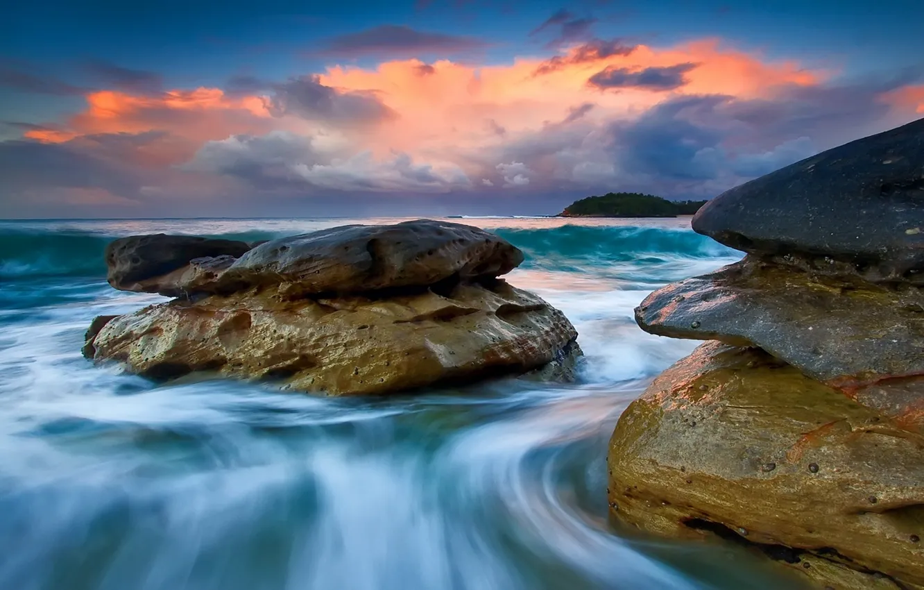 Photo wallpaper sea, the sky, clouds, sunset, stones, rocks