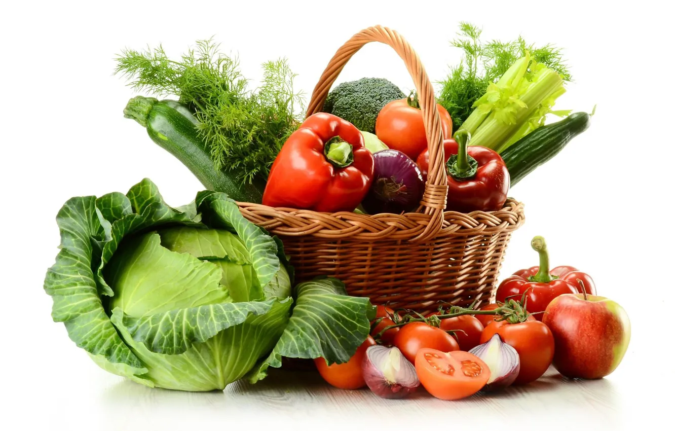Photo wallpaper basket, bow, dill, pepper, vegetables, tomatoes, cabbage, broccoli