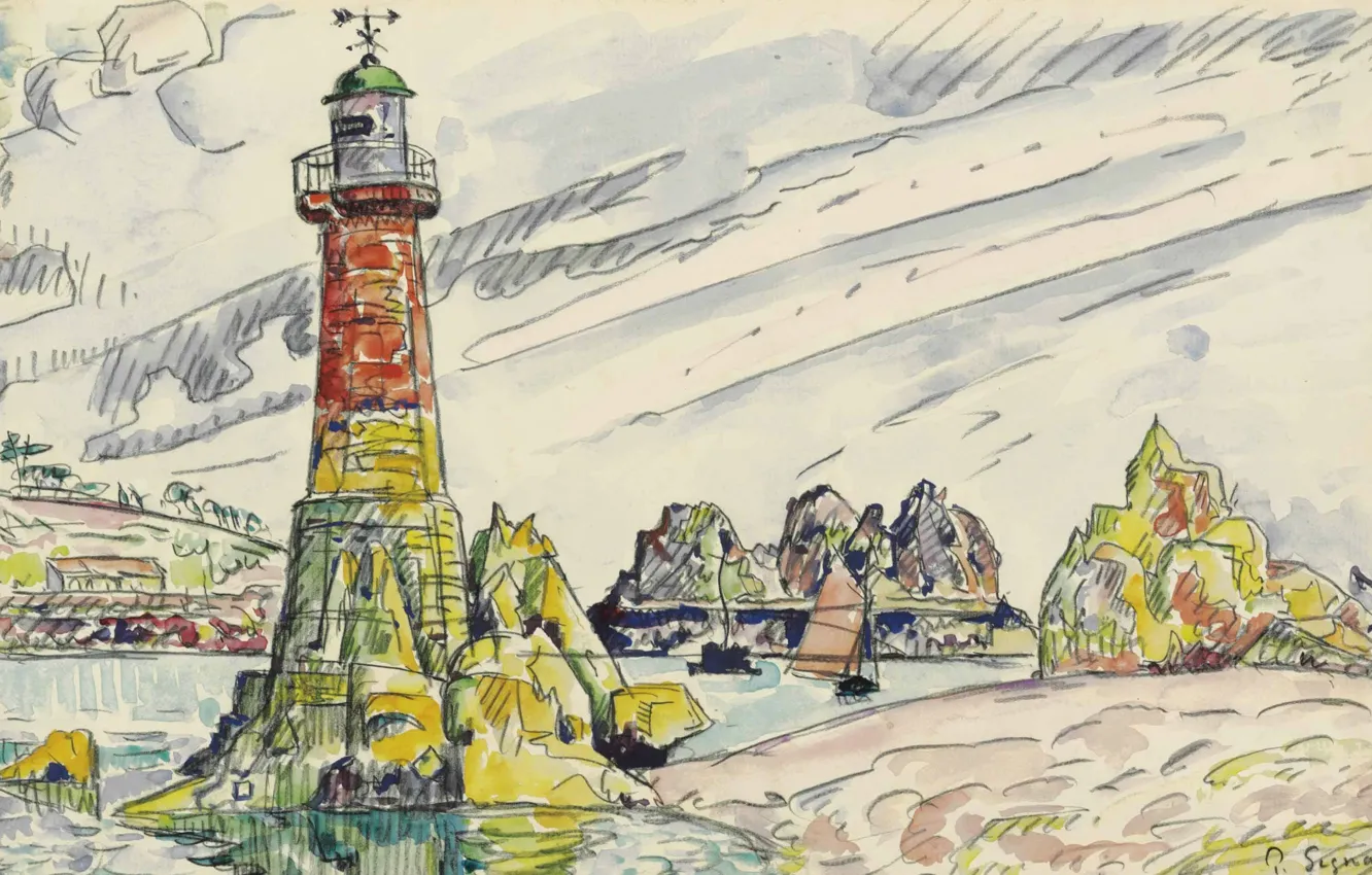 Photo wallpaper figure, watercolor, Paul Signac, Lézardrieux. Lighthouse
