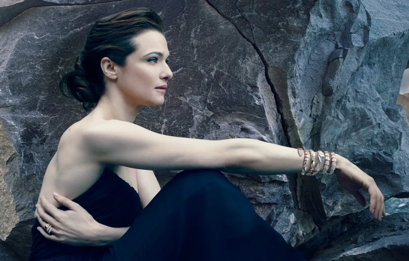 Photo wallpaper stones, dress, actress, brunette, profile, Rachel Weisz, beautiful, photoshoot