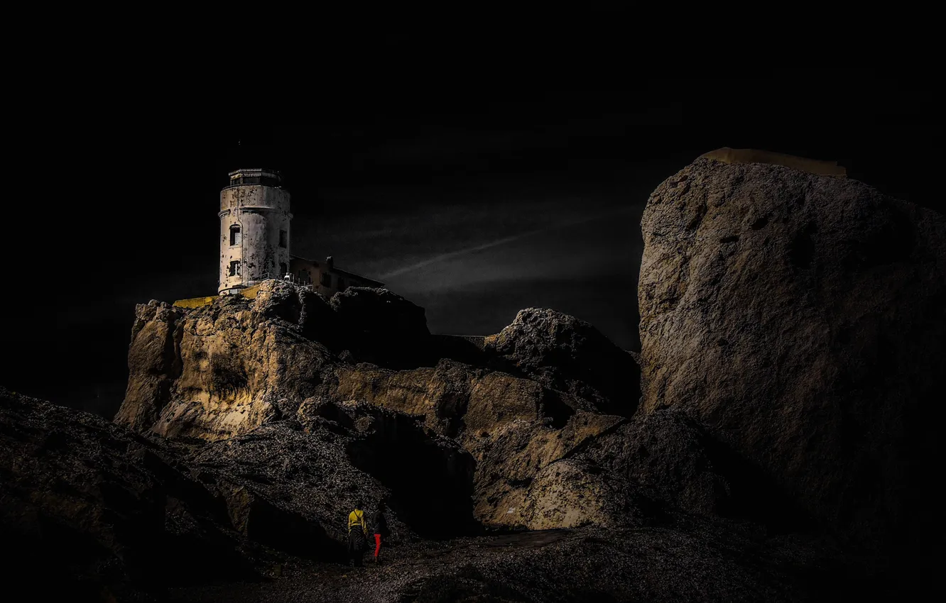 Photo wallpaper night, rocks, tower