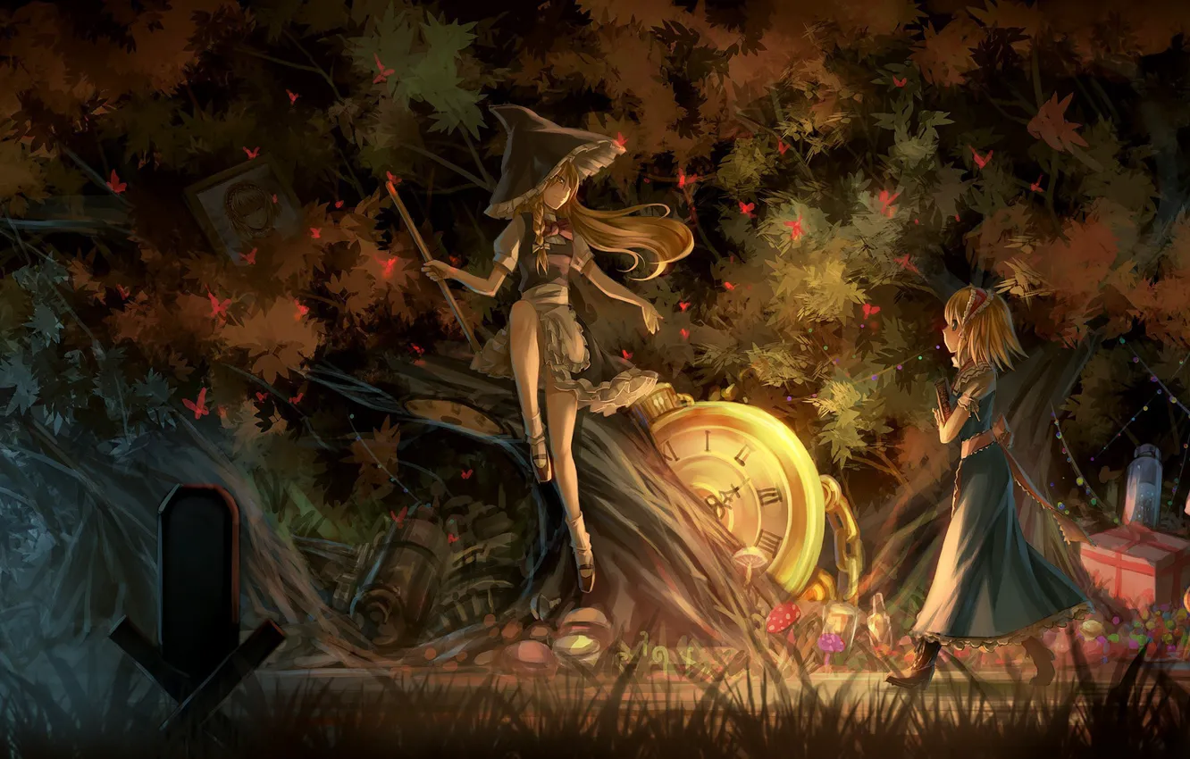 Photo wallpaper fantasy, game, forest, touhou, trees, hat, anime, night