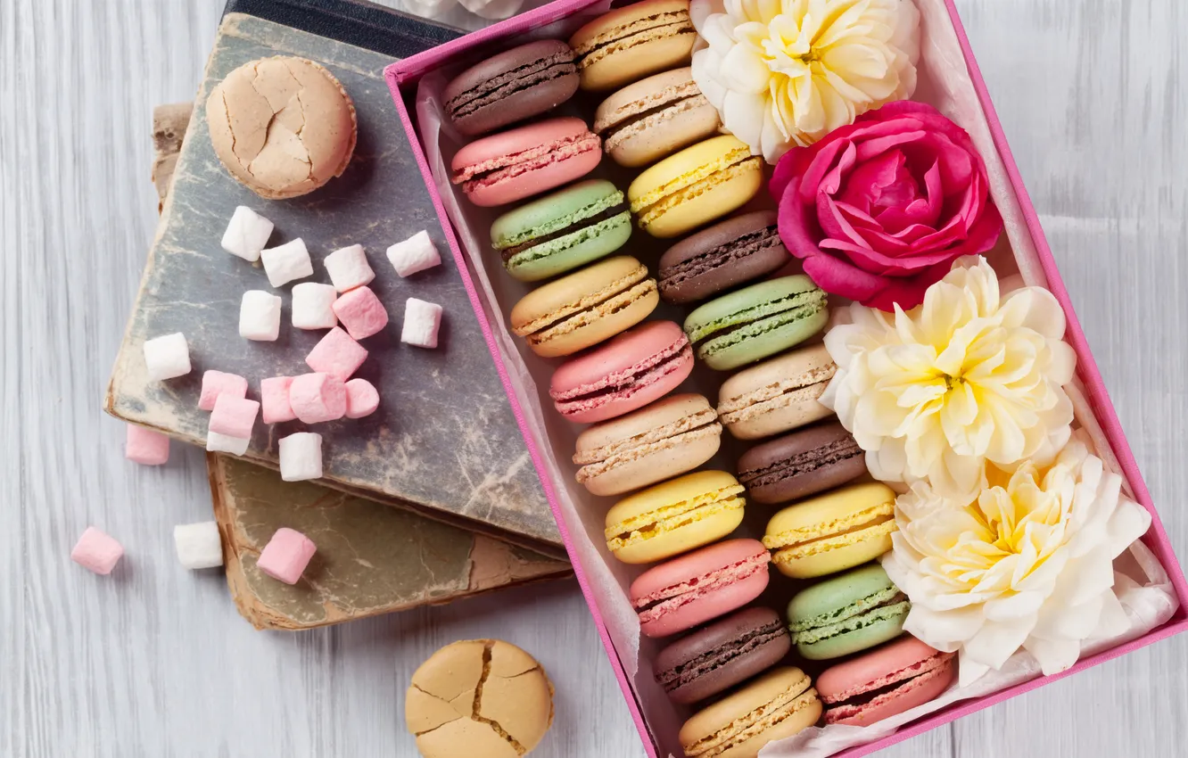 Photo wallpaper flowers, gift, colorful, wood, pink, flowers, macarons, gift box