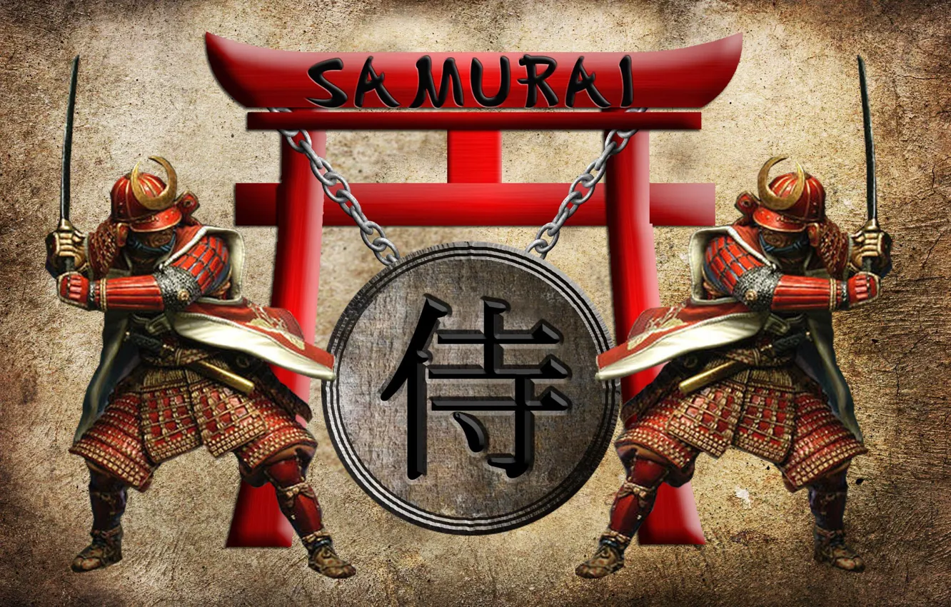 Photo wallpaper katana, armor, chain, characters, helmet, two, stand, samurai