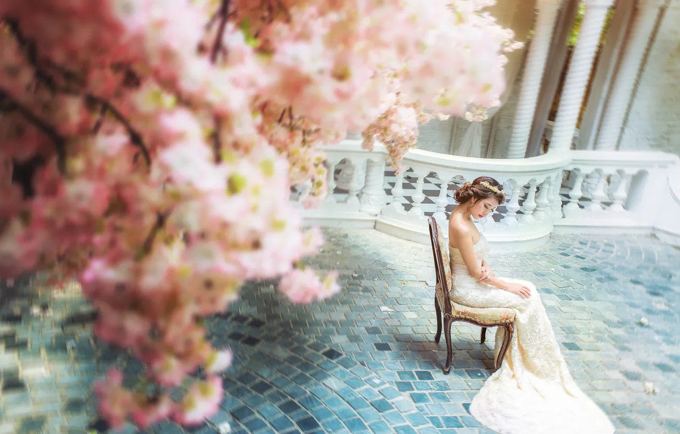 Photo wallpaper girl, dress, Asian, sitting, the bride