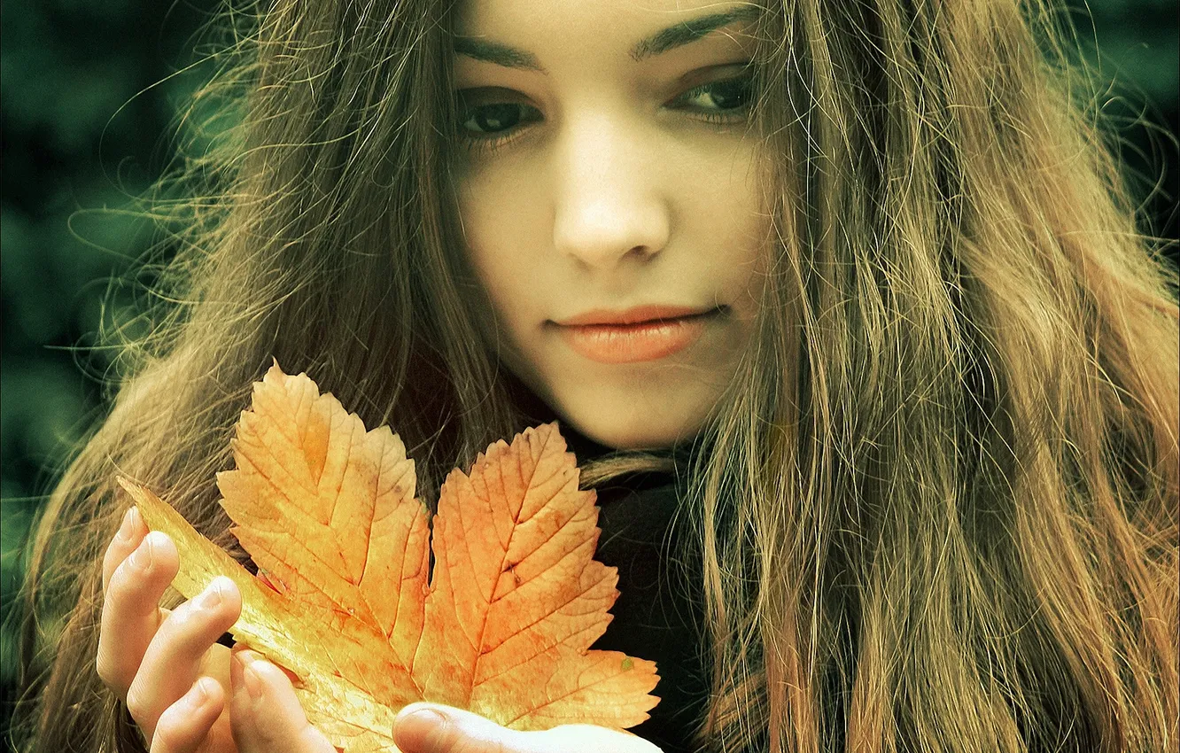 Photo wallpaper look, leaves, girl, brown hair