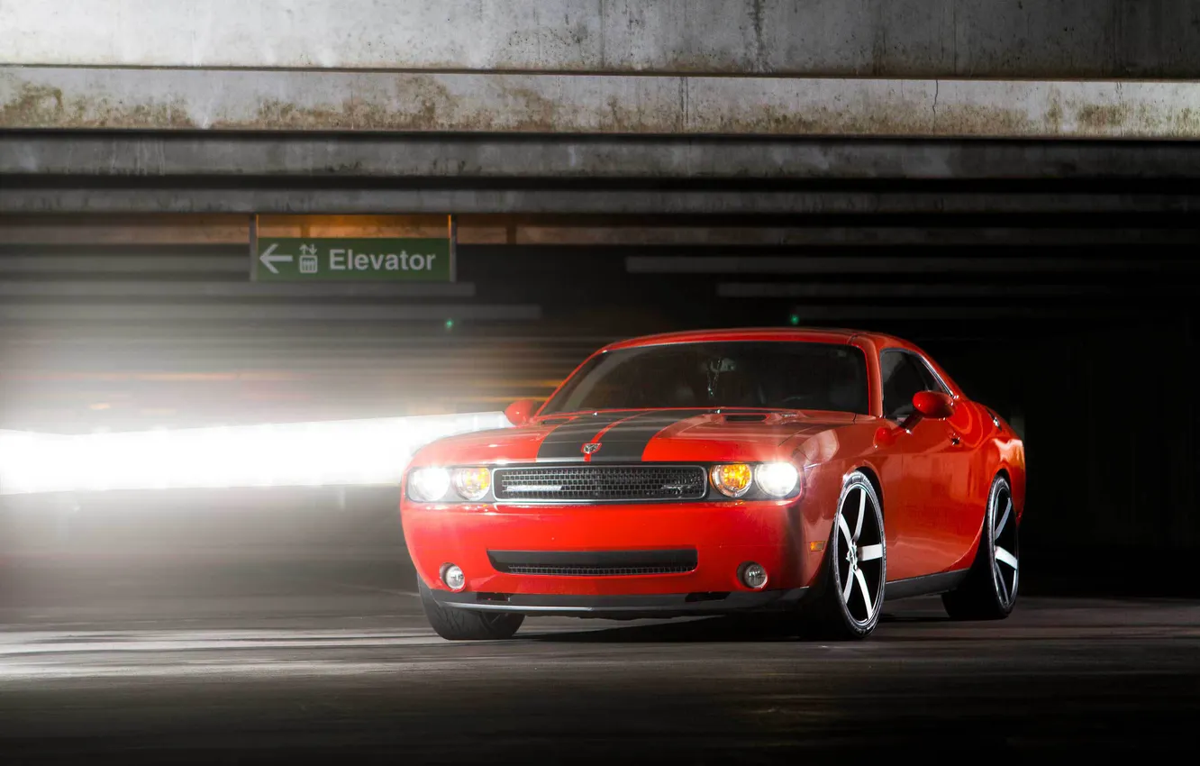 Photo wallpaper red, glare, Challenger, Dodge, Parking, Challenger, red, muscle car