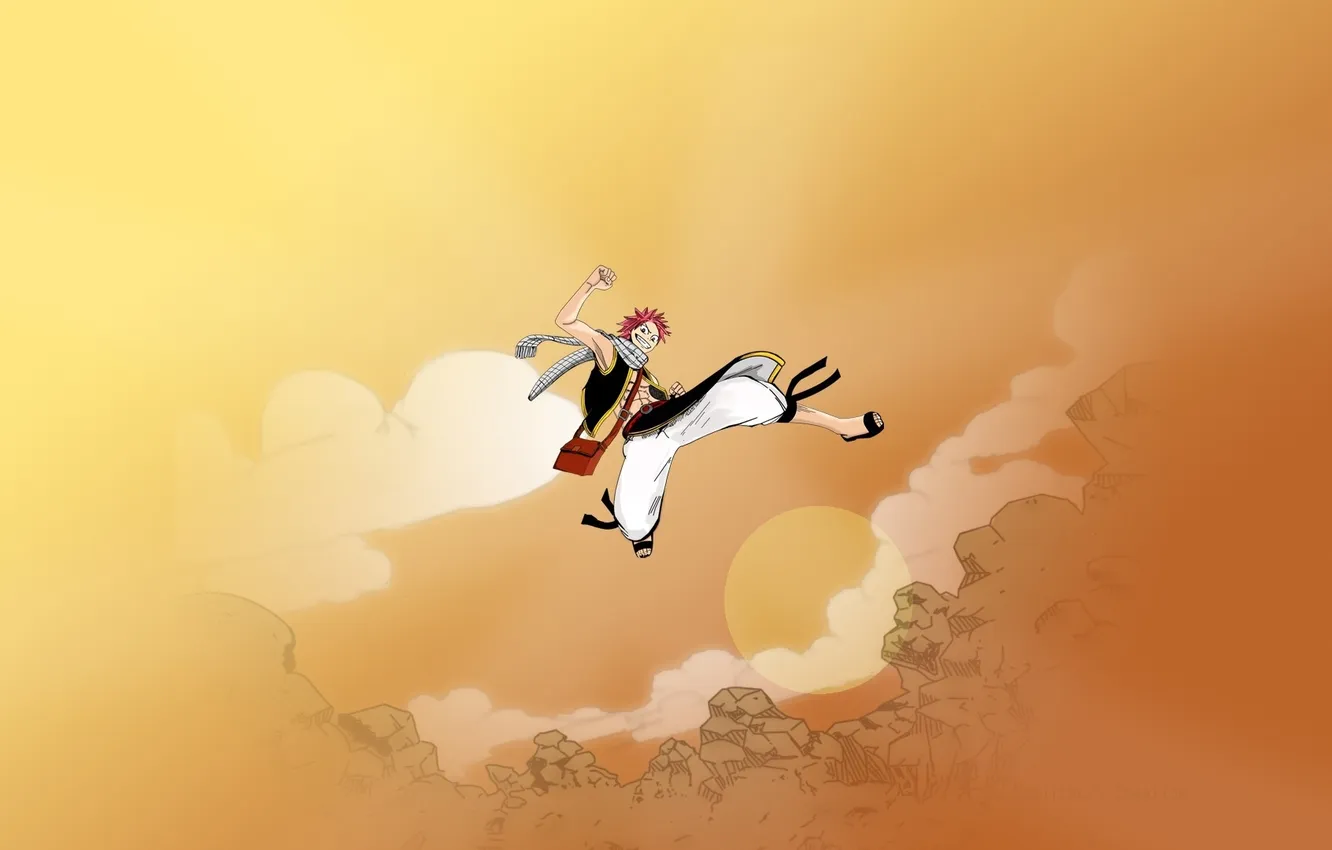 Photo wallpaper mountains, jump, Natsu, fairy tail