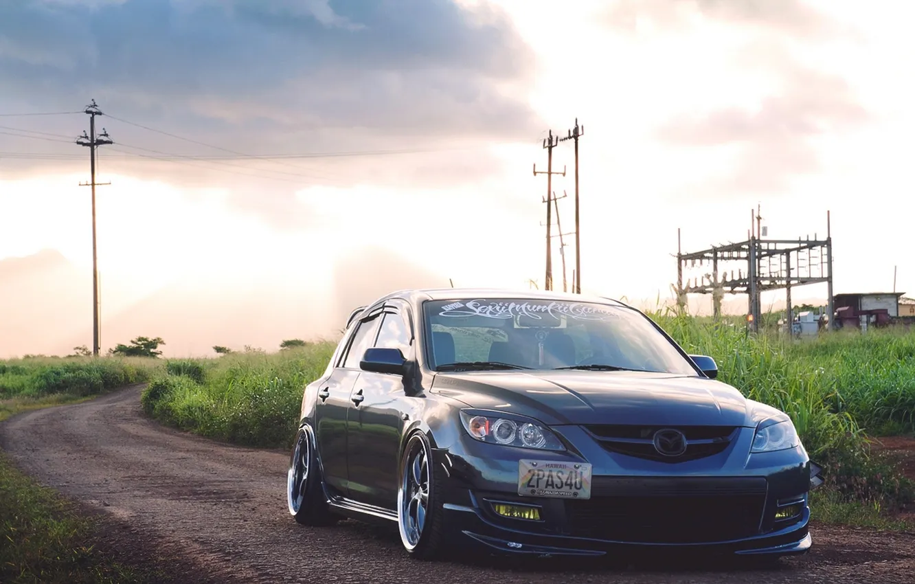 Photo wallpaper road, car, grass, Mazda, drives, Mazda, movement