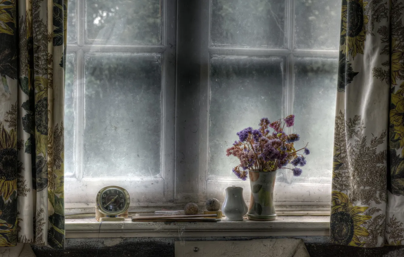 Photo wallpaper flowers, watch, window