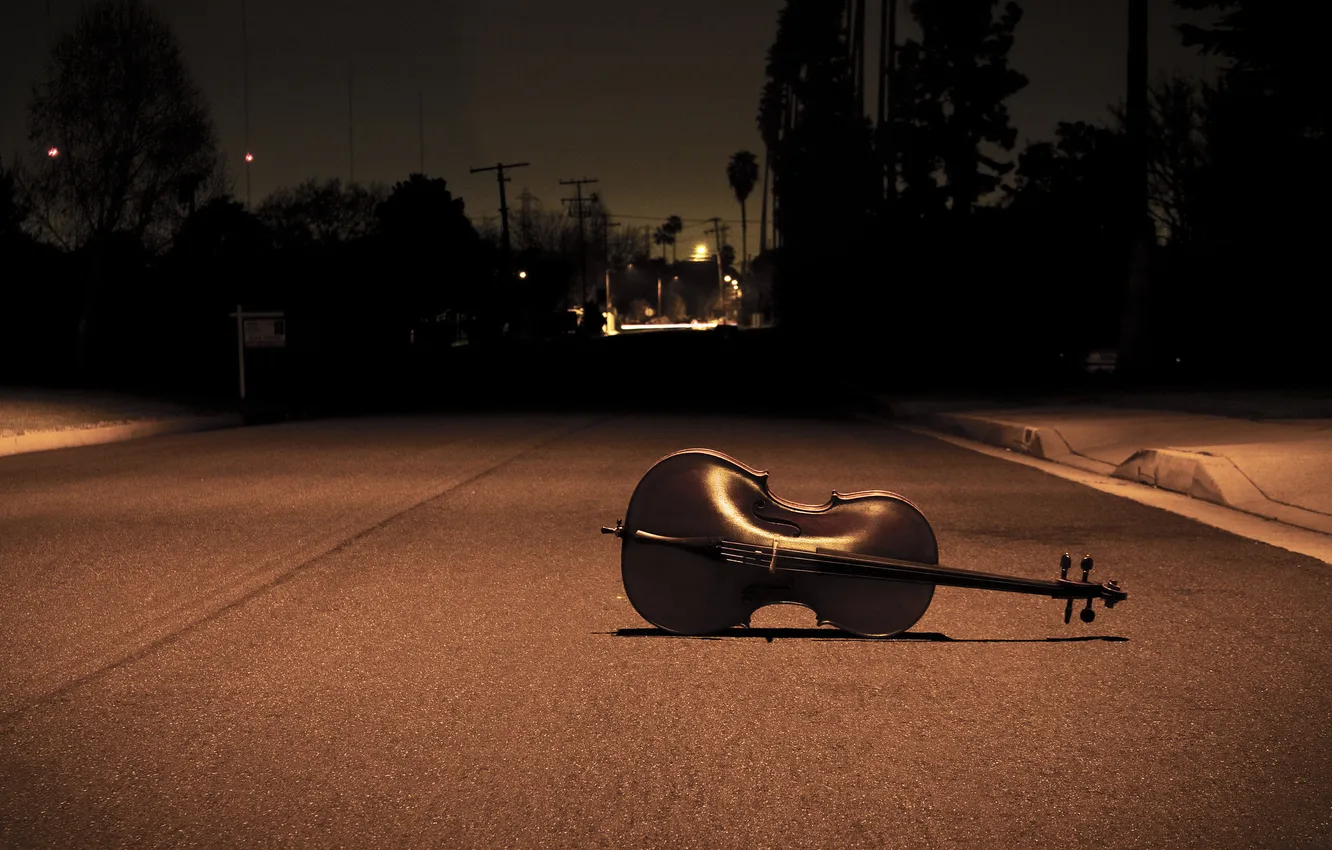 Photo wallpaper road, asphalt, night, music, loneliness, mood, street, violin