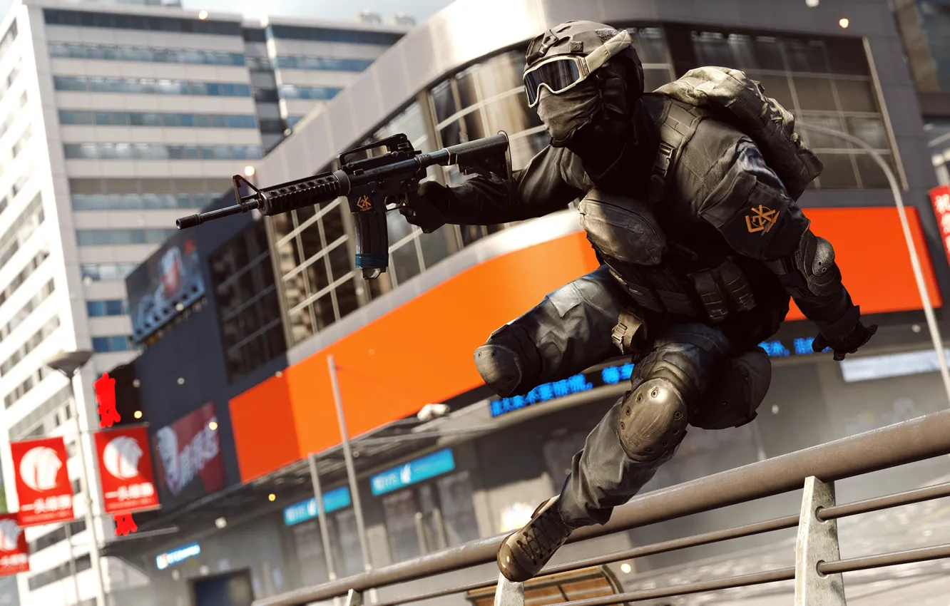 Photo wallpaper weapons, jump, soldiers, Battlefield 4