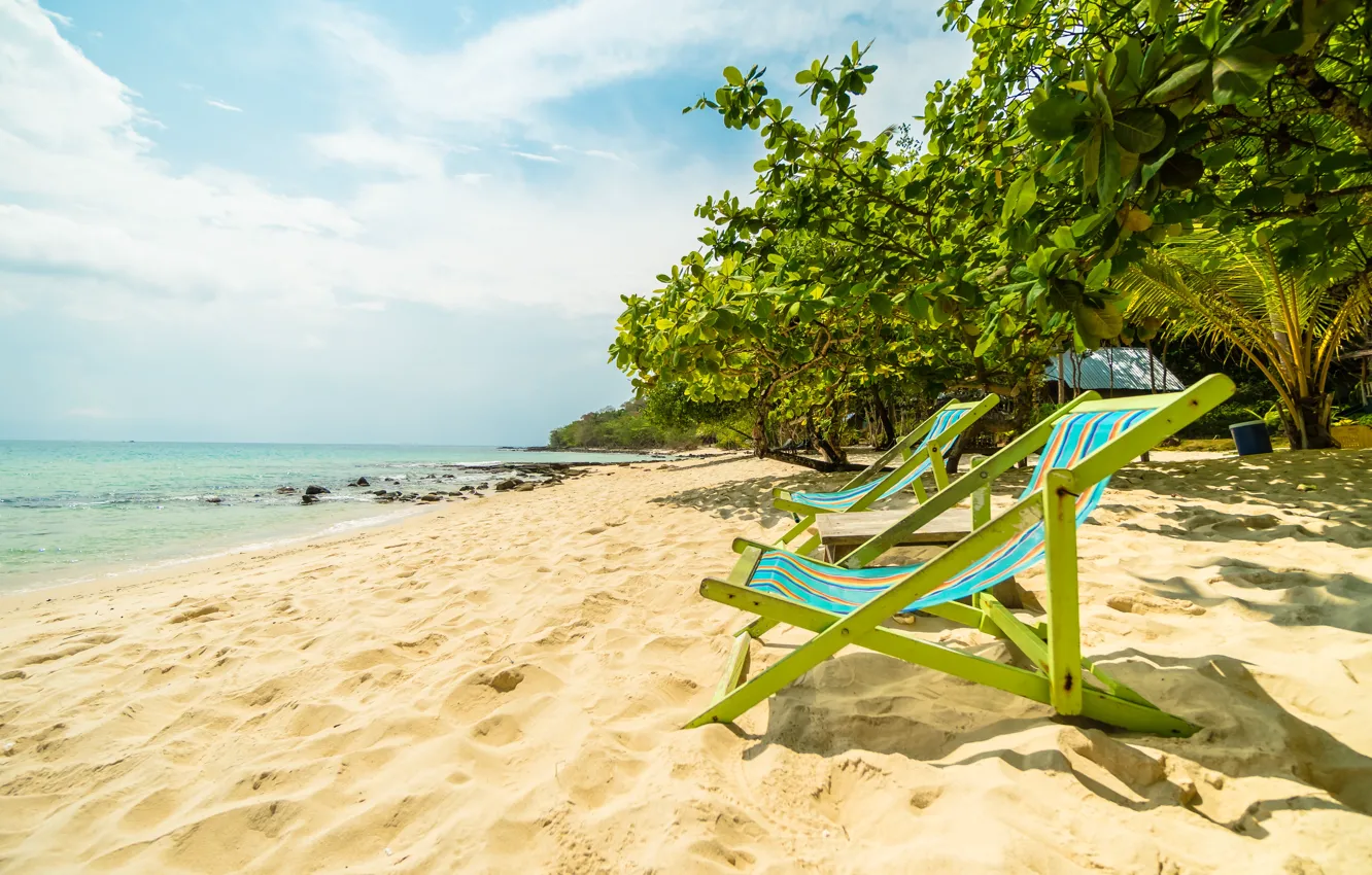 Photo wallpaper sand, sea, wave, beach, summer, palm trees, shore, summer