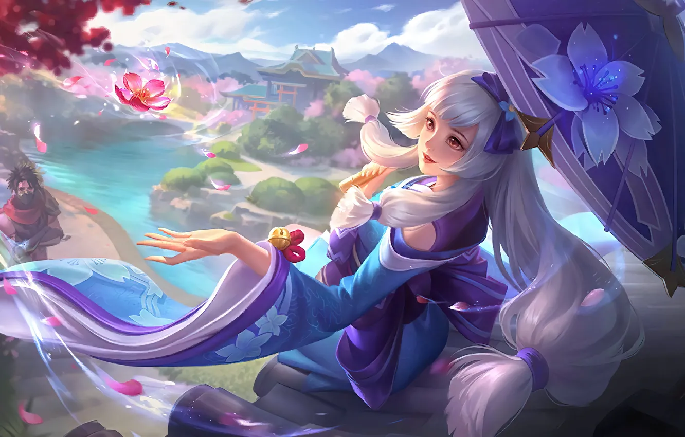 Photo wallpaper water, girl, flowers, home, umbrella, guy, Hayabusa, kagura