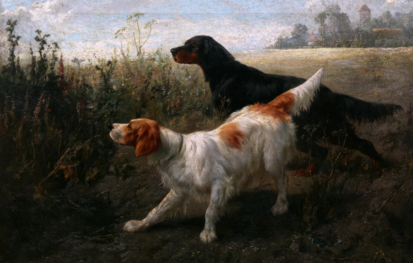 Photo wallpaper Grass, Picture, Dogs, Two, Setters, German artist, Heinrich Sperling, Setters on a point