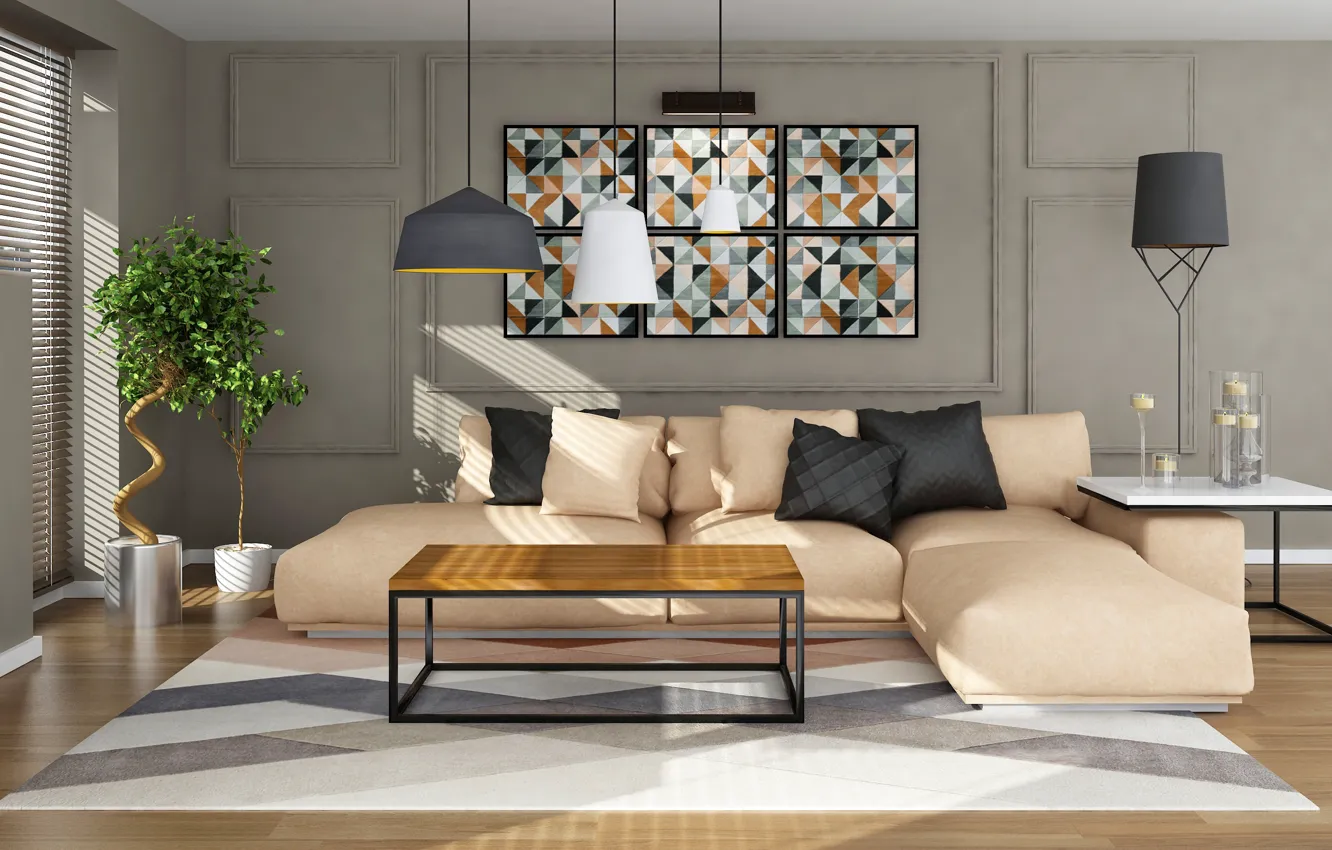 Photo wallpaper design, style, sofa, lamp, interior, pillow, hi-tech