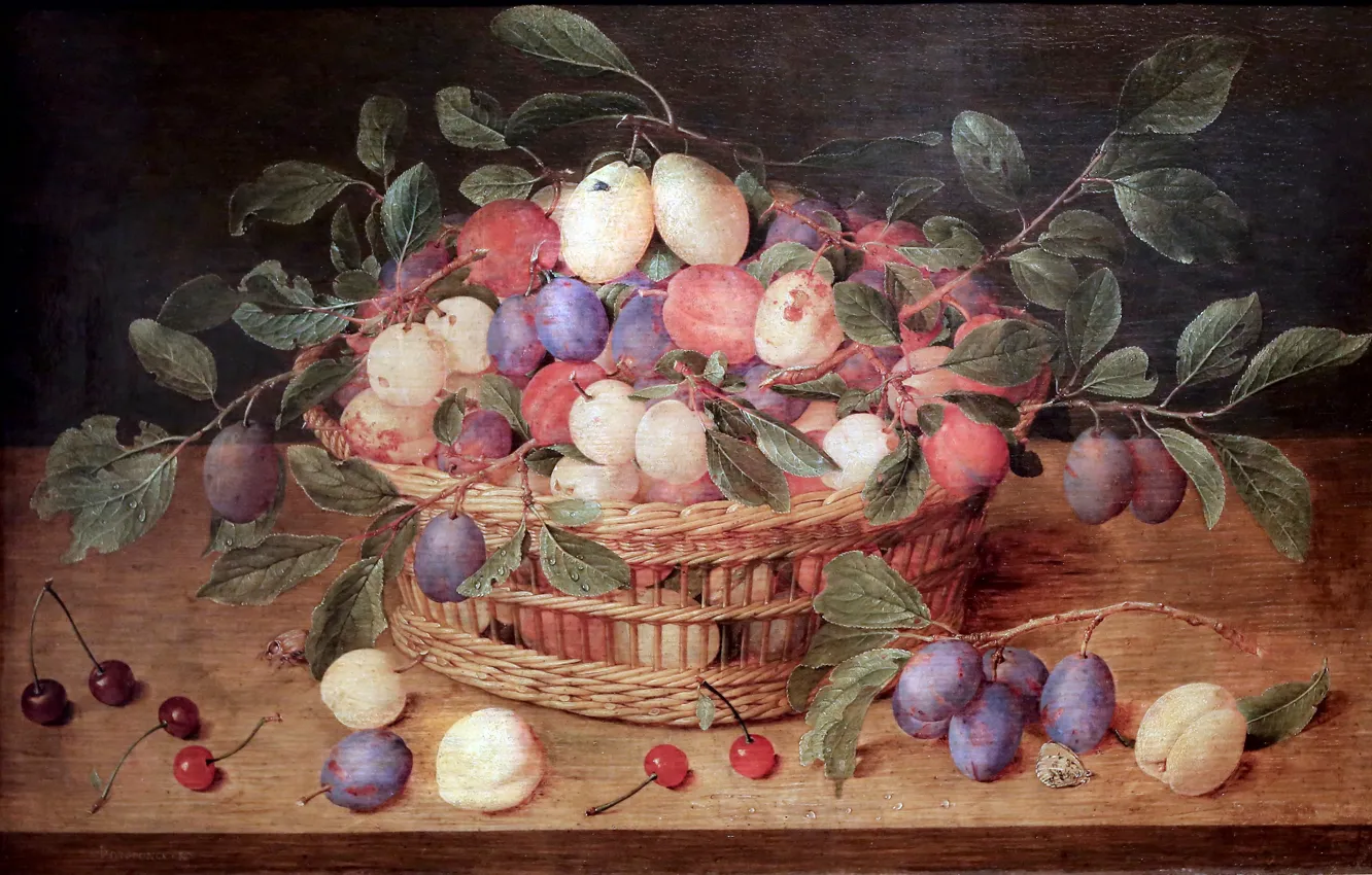Photo wallpaper Antwerp, Basket of plums and cherries, Jacques van Hulsdonck