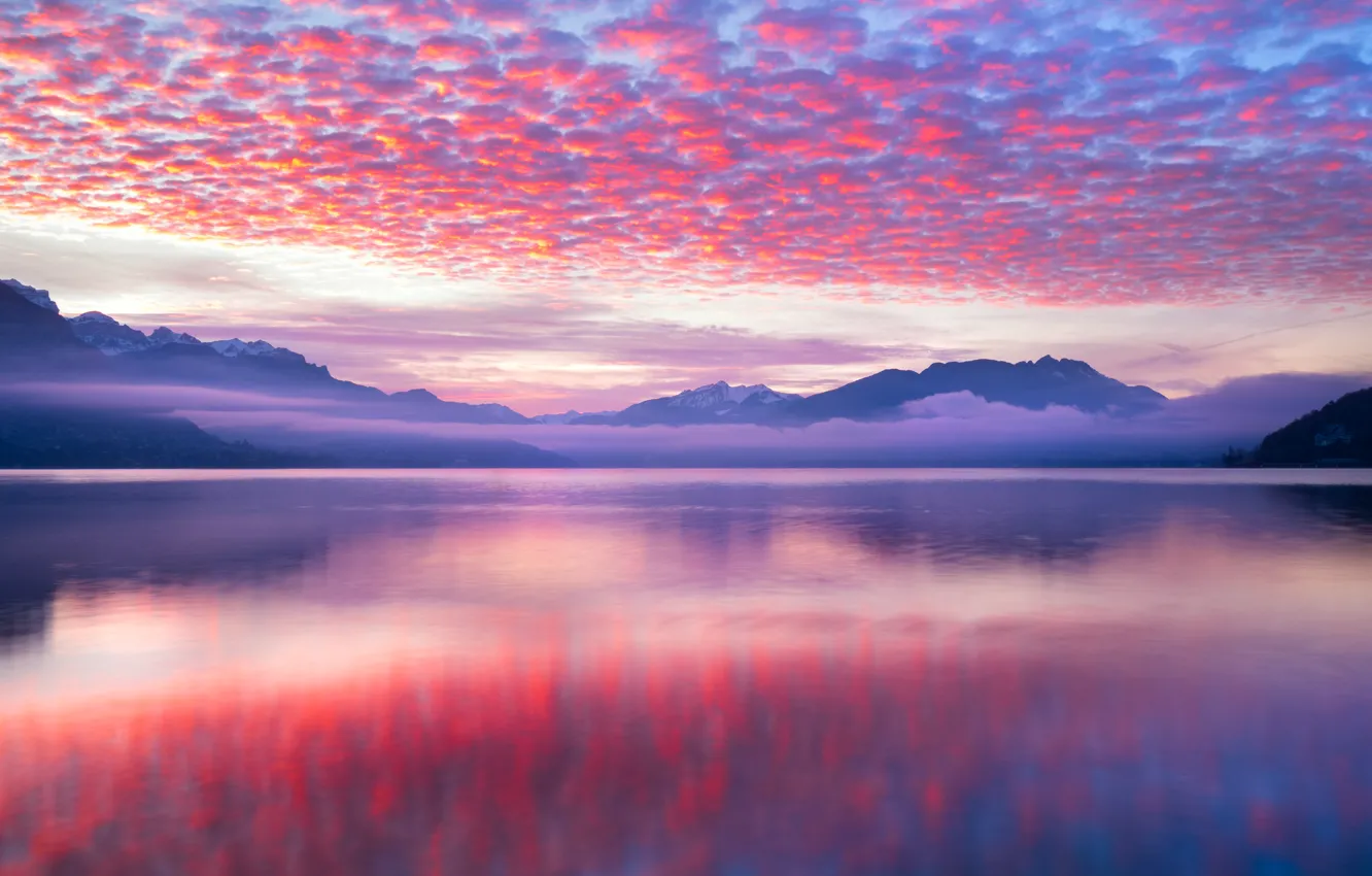 Photo wallpaper sunset, mountain, lake, reflection