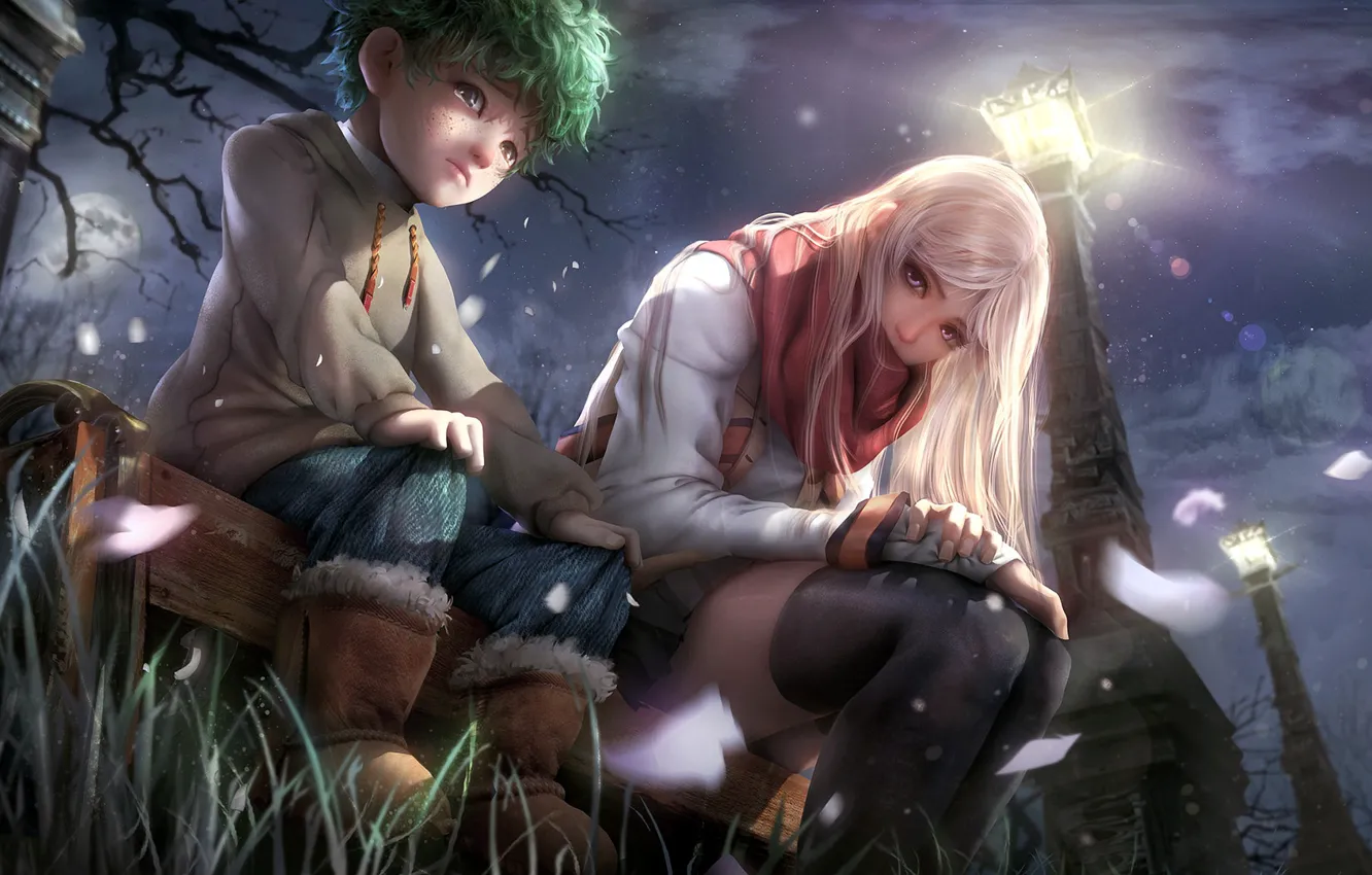 Photo wallpaper girl, night, children, boy, art, lights