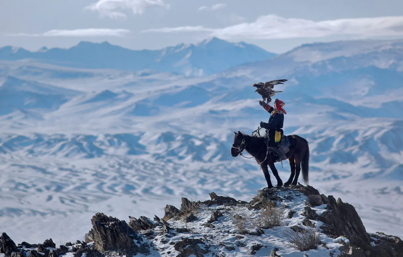 Photo wallpaper mountains, bird, eagle, hunter, Altay, Mongolia