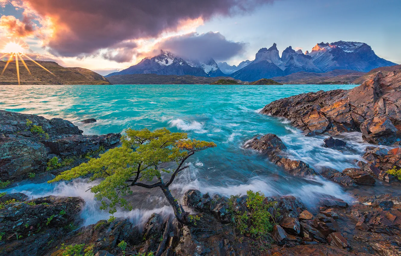 Photo wallpaper sunset, mountains, lake, Chile, Chile, Patagonia, Patagonia, Lake Pehoe