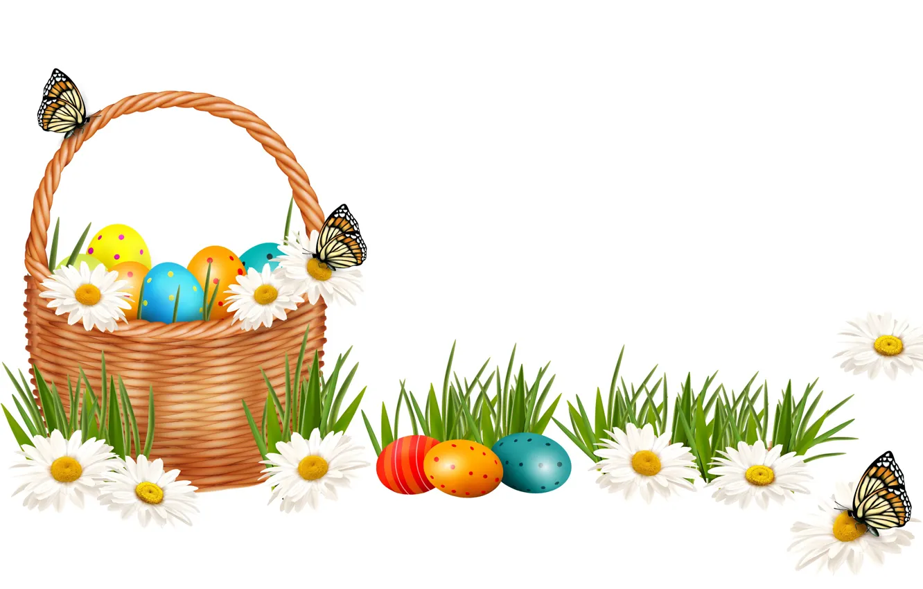 Photo wallpaper Chamomile, Butterfly, Easter, Eggs, Basket, Holidays