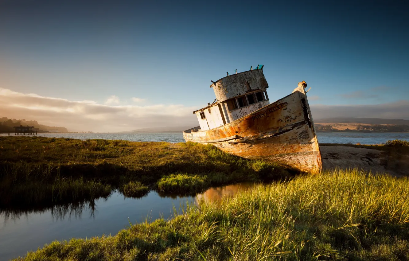 Photo wallpaper landscape, sunset, river, ship