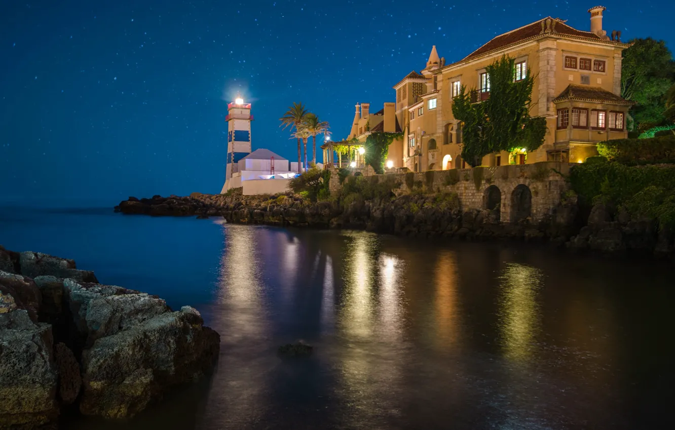 Photo wallpaper sea, the sky, landscape, night, house, the ocean, shore, lighthouse