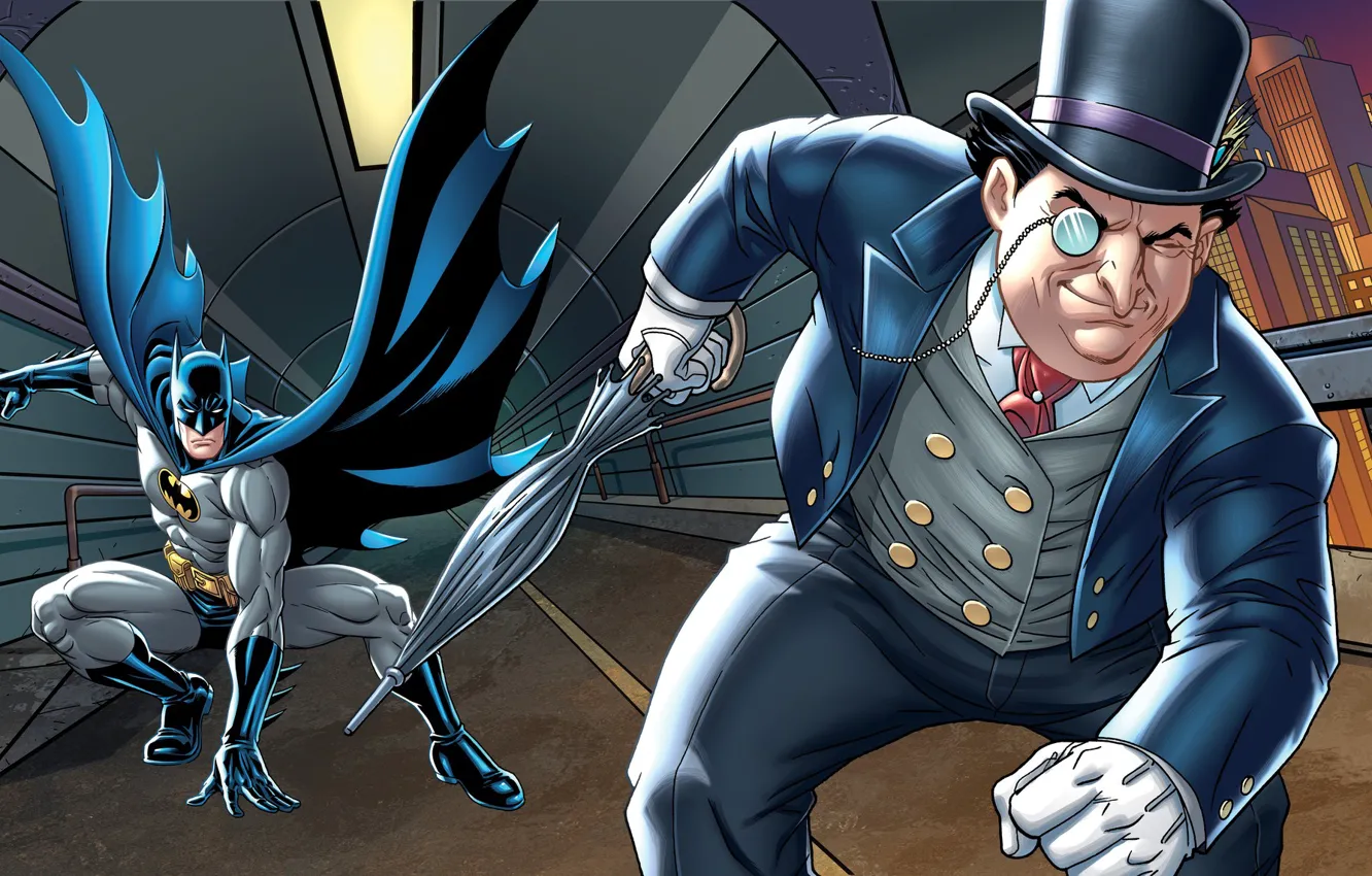 Photo wallpaper city, the city, umbrella, building, chase, hat, umbrella, penguins