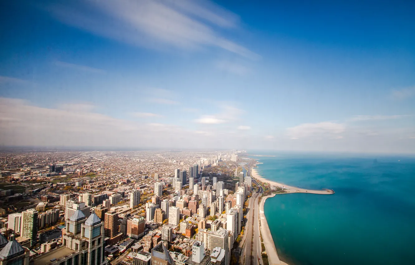 Photo wallpaper road, beach, the sky, clouds, the ocean, skyscrapers, horizon, day