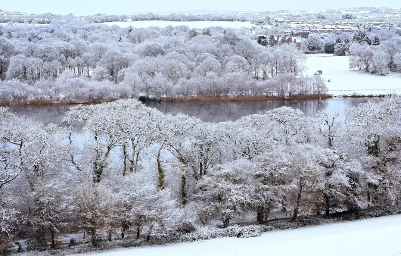 Photo wallpaper river, winter, snow, village