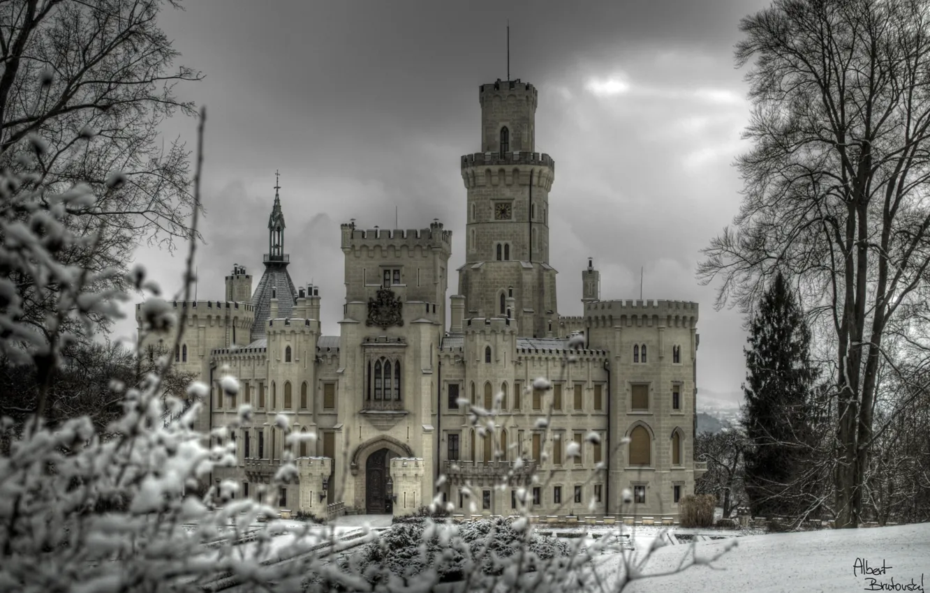 Photo wallpaper winter, the sky, snow, trees, clouds, castle, overcast, Czech Republic