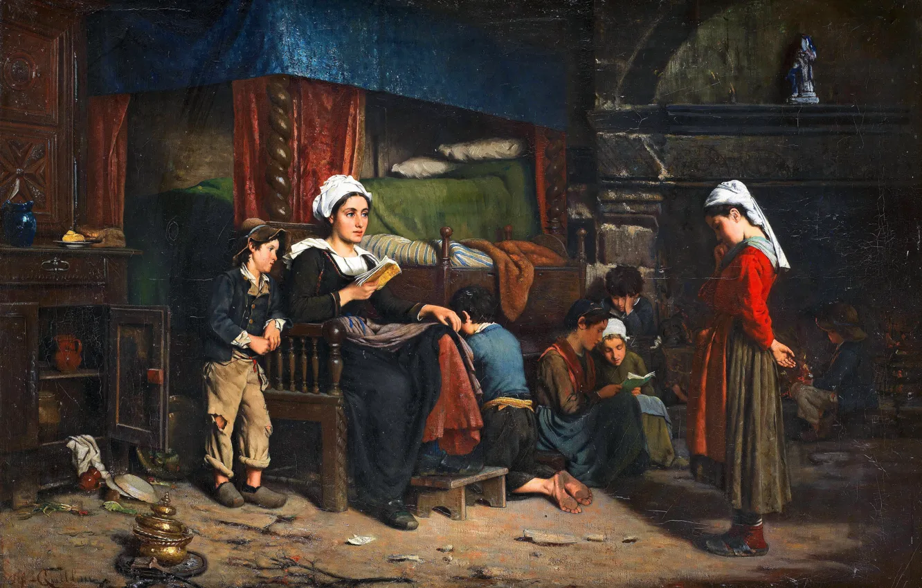 Photo wallpaper girl, children, picture, lesson, French painter, Alfred Guillou, Alfred Guillou