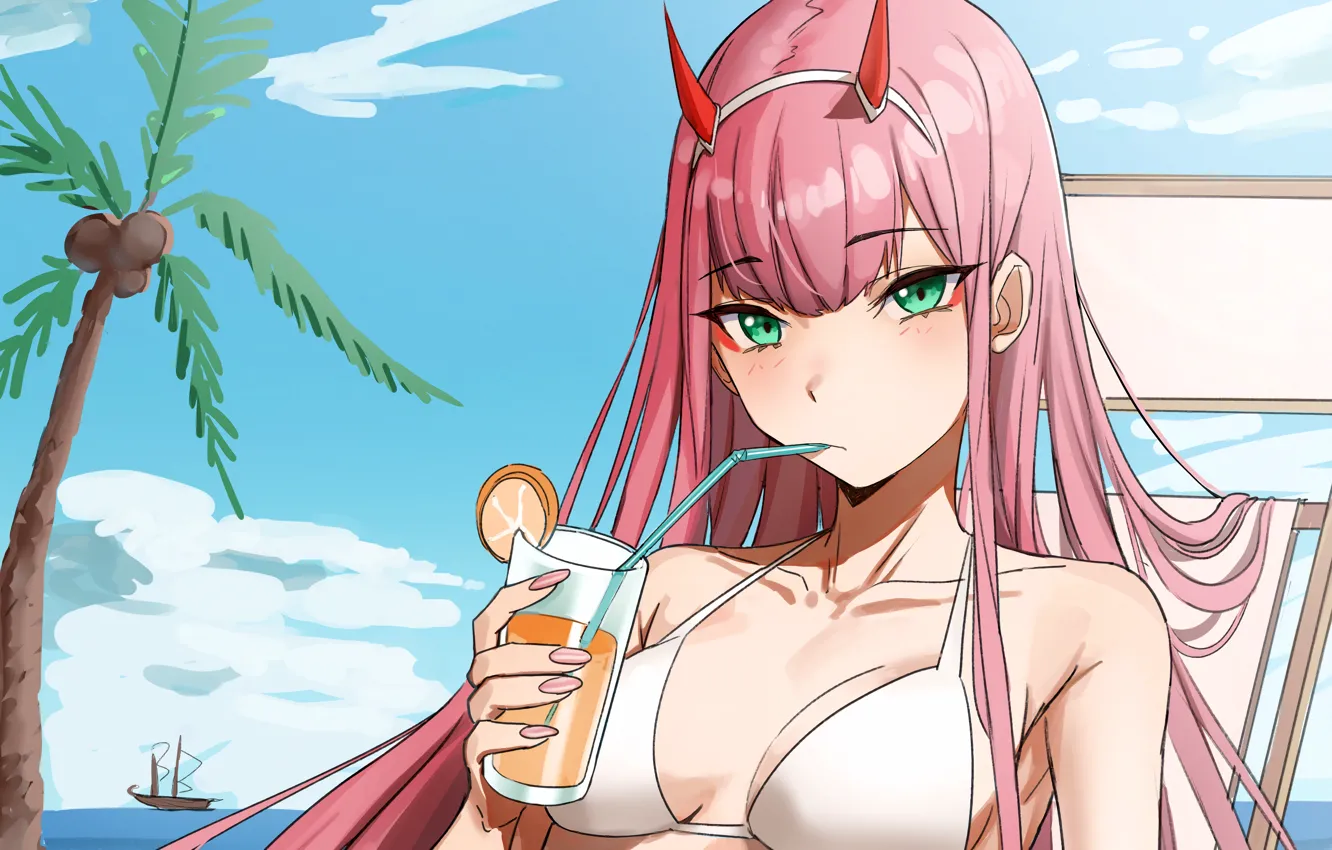 Photo wallpaper girl, sexy, cleavage, pink hair, horns, green eyes, long hair, sea