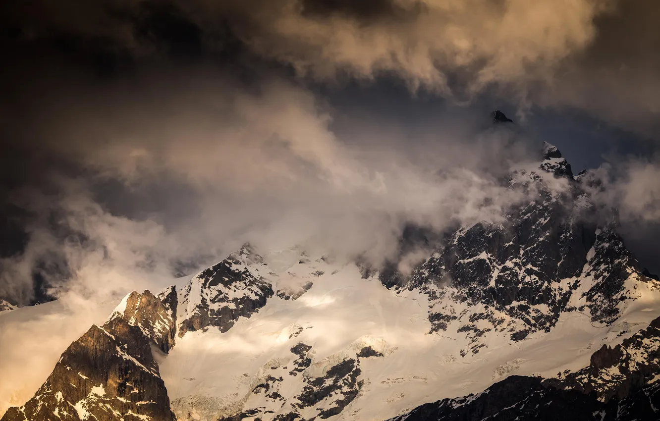 Photo wallpaper winter, clouds, snow, mountains, nature, top