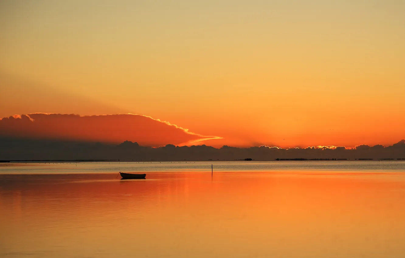 Photo wallpaper the sky, clouds, sunset, lake, boat