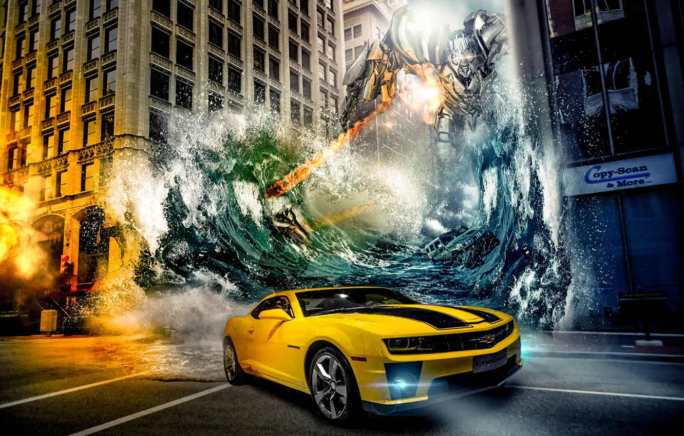 Photo wallpaper machine, water, the city, robot, Chevrolet, Camaro, transformers