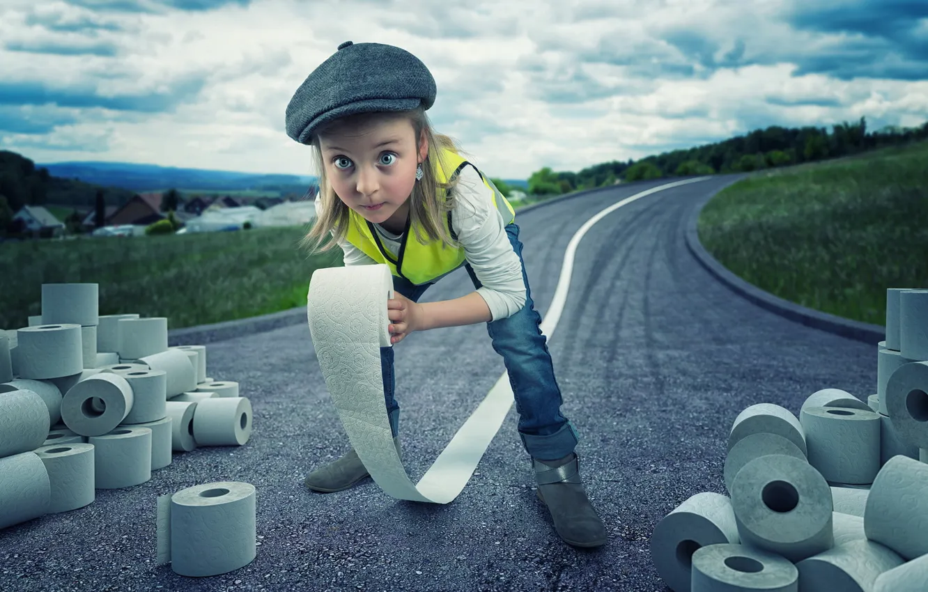 Photo wallpaper road, girl, rolls, toilet paper