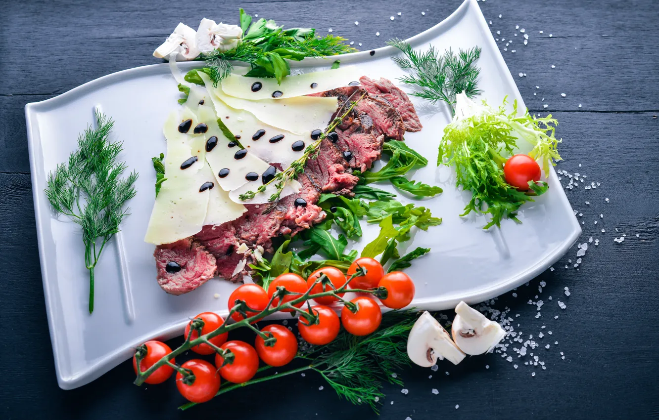Photo wallpaper greens, mushrooms, food, cheese, meat, cutting, salt, meal