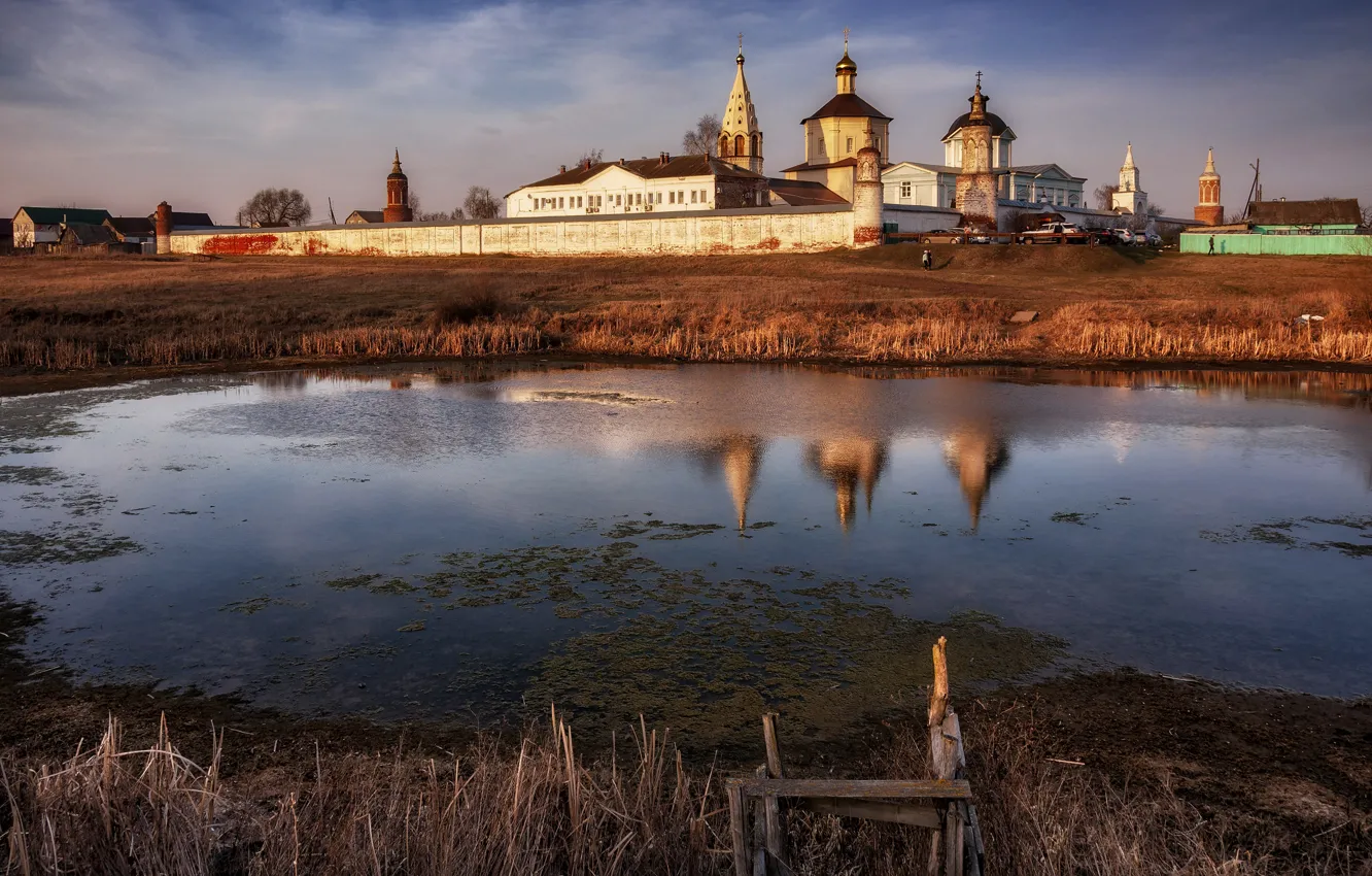 Photo wallpaper water, landscape, sunset, nature, spring, the monastery, Kolomna, Paul Narikov