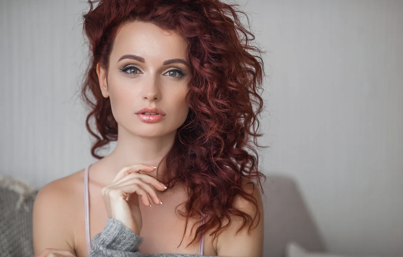 Photo wallpaper red, curls, face, hair, makeup, girl