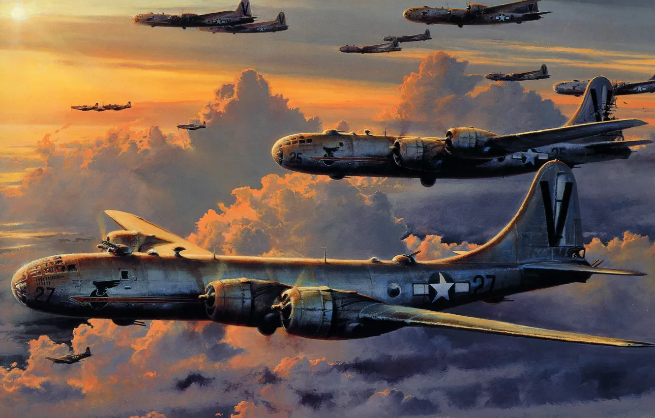 Photo wallpaper the sky, clouds, figure, bomber, American, strategic, The second World war, "Boeing" B-29 "Superfortress"