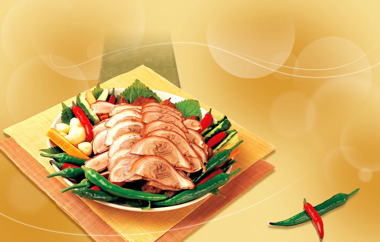 Photo wallpaper greens, meat, pepper, potatoes