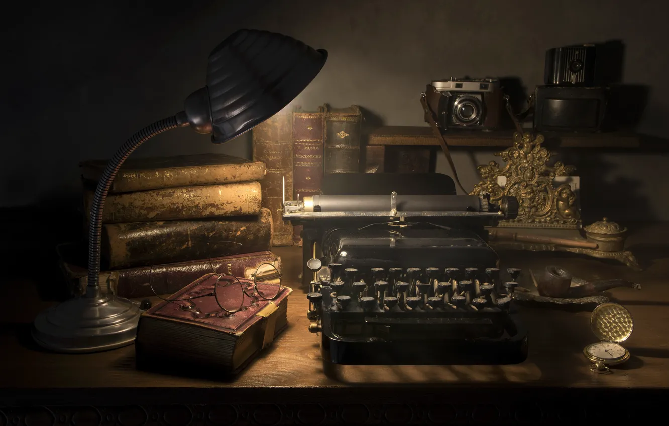 Photo wallpaper glasses, book, typewriter