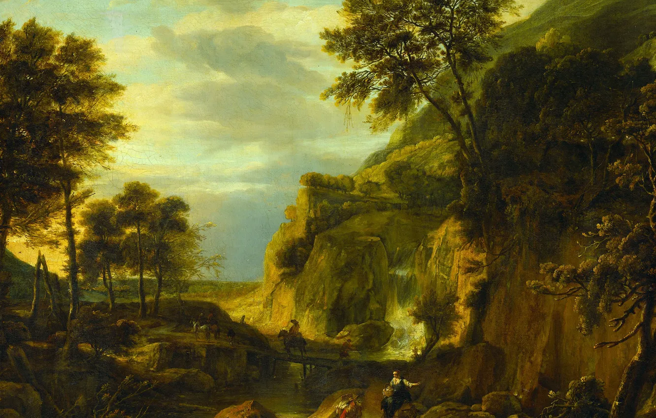 Photo wallpaper oil, picture, canvas, 1692, Mountain landscape with a waterfall, Roelant Roghman, Roelant Rogman