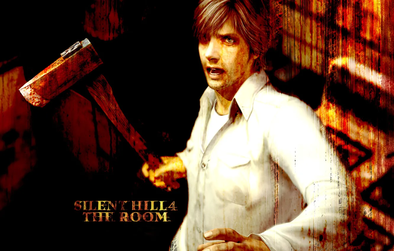 Photo wallpaper the darkness, male, shirt, axe, Horror, KONAMI, Henry Townshend, Silent Hill 4:The Room