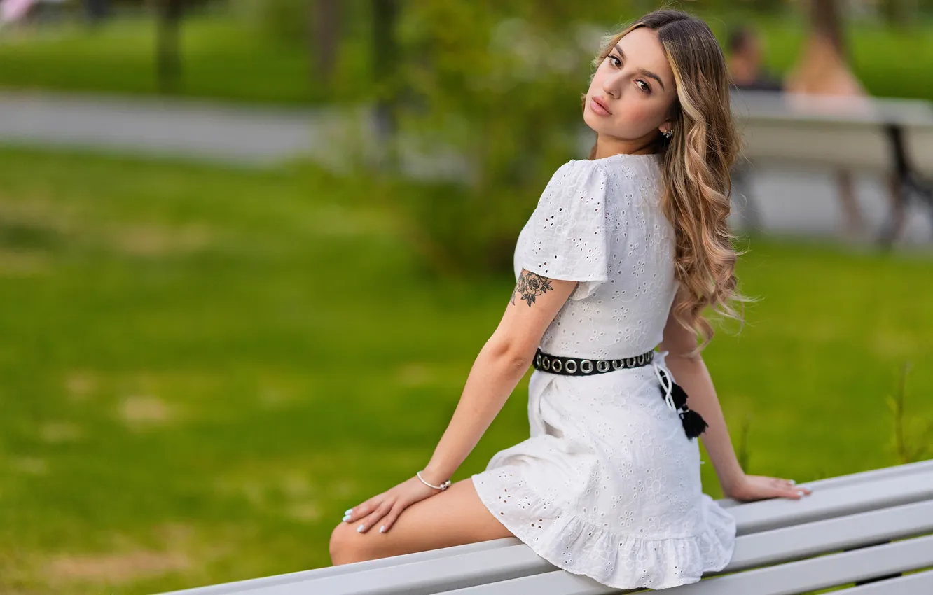 Photo wallpaper sitting, dress, look, bench
