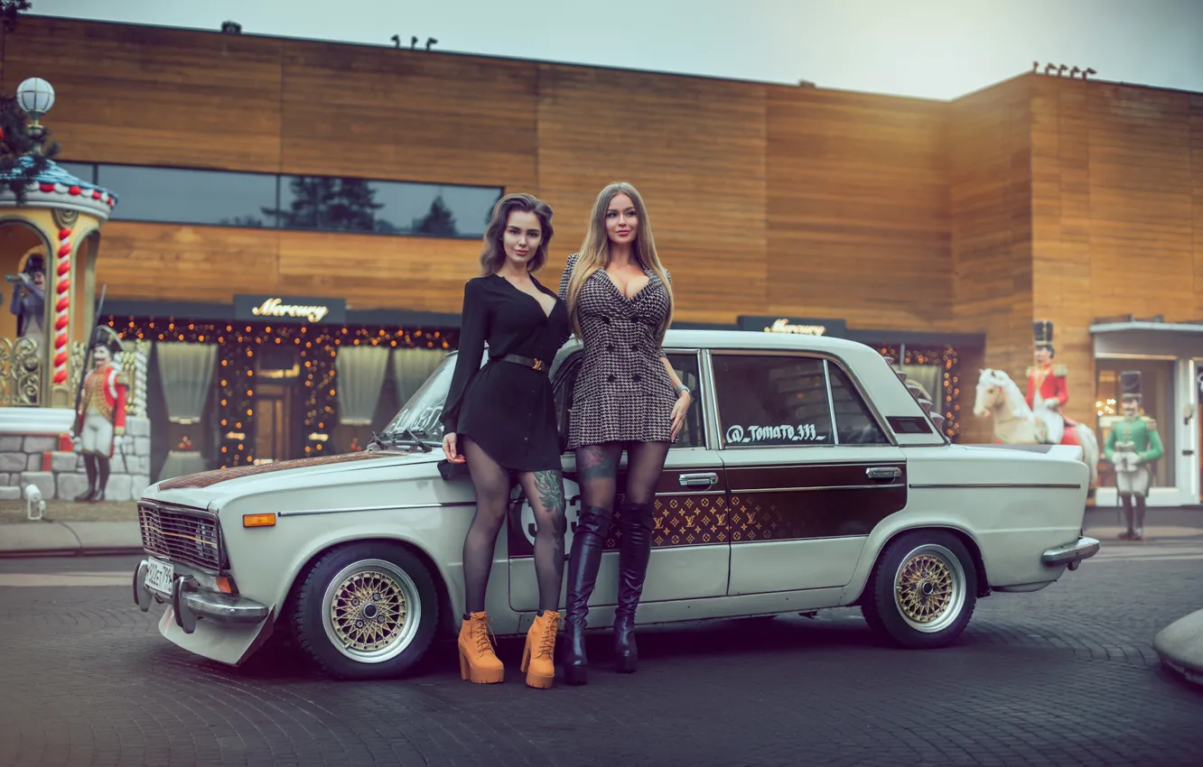 Photo wallpaper car, machine, girl, street, tuning, building, boots, shoes